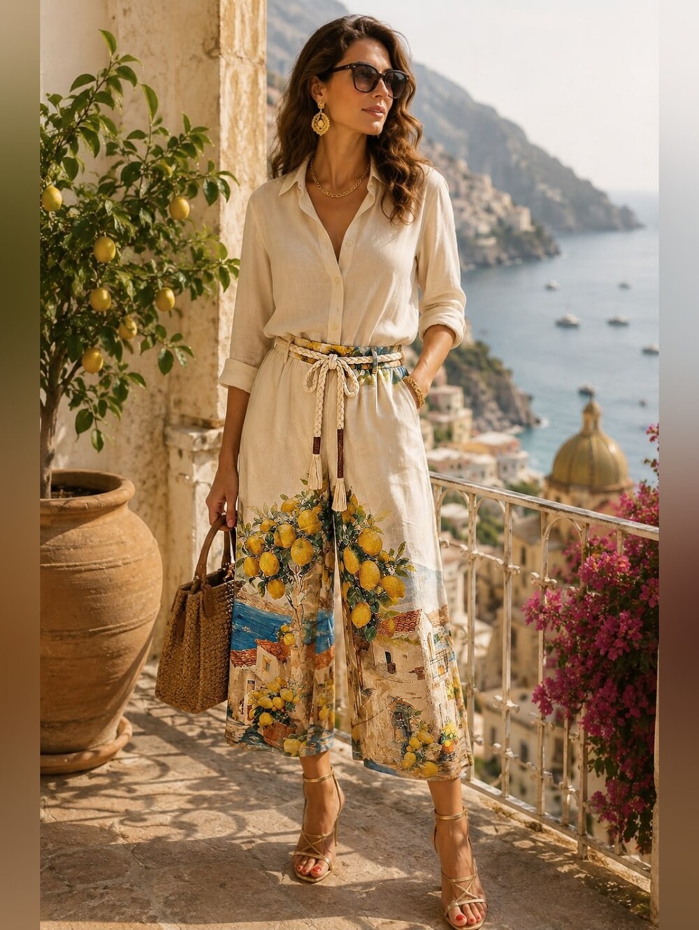 Made In Italy Santorini Lemon Print Elastic Waist Lined Shoets Cropped Bermuda